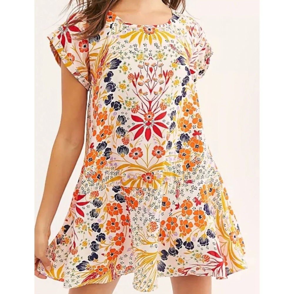 Free People Mini Dress Womens XS Pink Floral Excellent Short Sleeve Babydoll